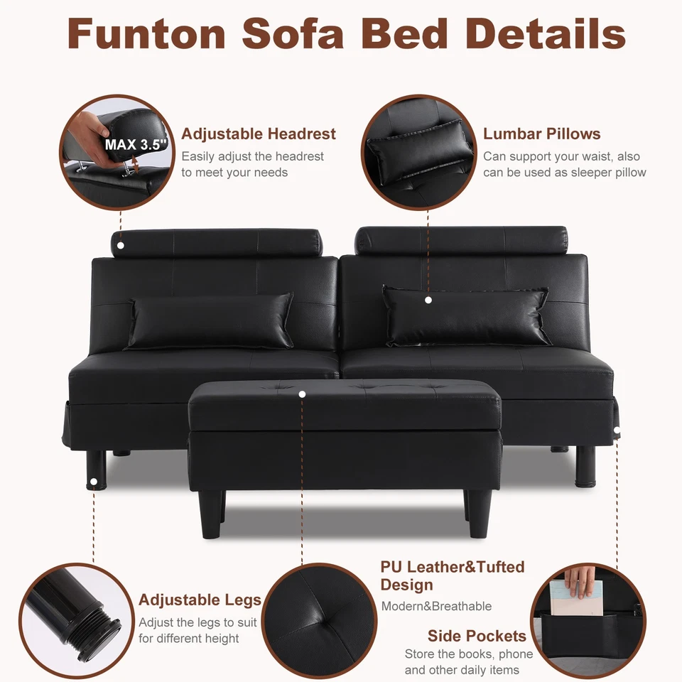 Futon Sofa Bed Convertible Futon Sofa with Ottoman, 2 Throw Pillows, Side Pocket - Image 4 of 4