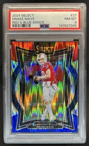 2024 Panini Select Drake Maye Concourse RC Red and Blue Prizm Shock #27 PSA 8