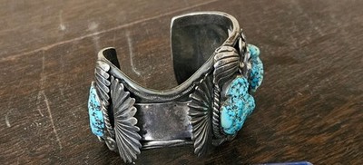 Native American silver and turquoise watch cuff by Navajo Jimmy Victor Begay