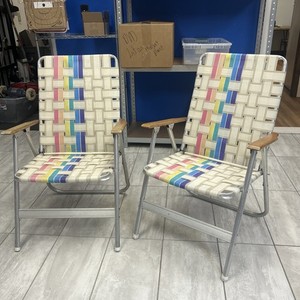 Set Of 2 Vintage Rainbow Striped Mesh Aluminum Folding Lawn Chair