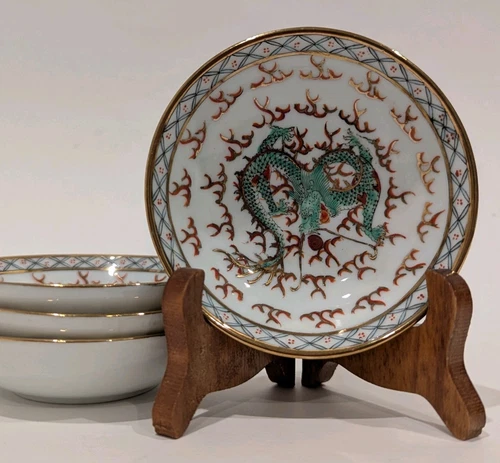 4 Vintage Chinese Dipping Bowls, Green Dragon, Hand Painted Porcelain 3.75"