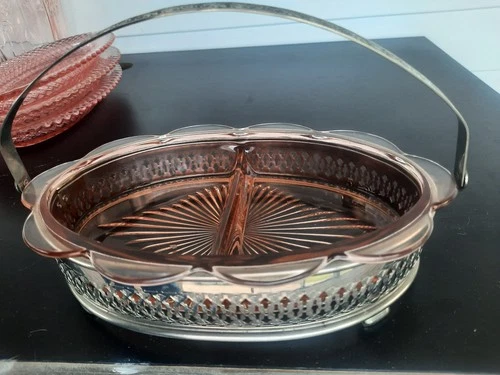 Vtg Pink Depression Glass Oval Divided Relish/Candy Dish Tray w/Metal Carrier