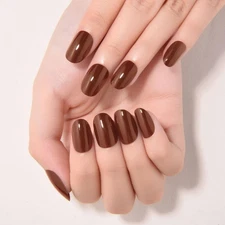 evpct Nude Brown Medium Oval Glossy Press on Nails for Women Gift, Glossy Nud...