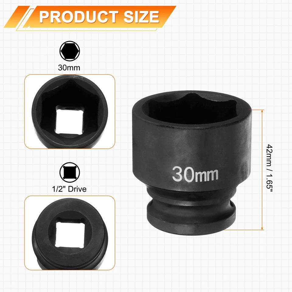 6-Point Impact Socket 30mm Socket 1/2" Drive 1.65" Long Cr-Mo Steel Phosphated - Image 2 of 4