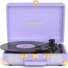 Purple Suitcase Record Player with Bluetooth and USB Recording, Vintage 3-Spe...