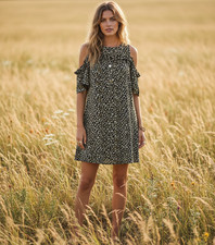 LC Lauren Conrad S Dress Black Floral Ruffle Shift Swing Cottage Boho Coquette