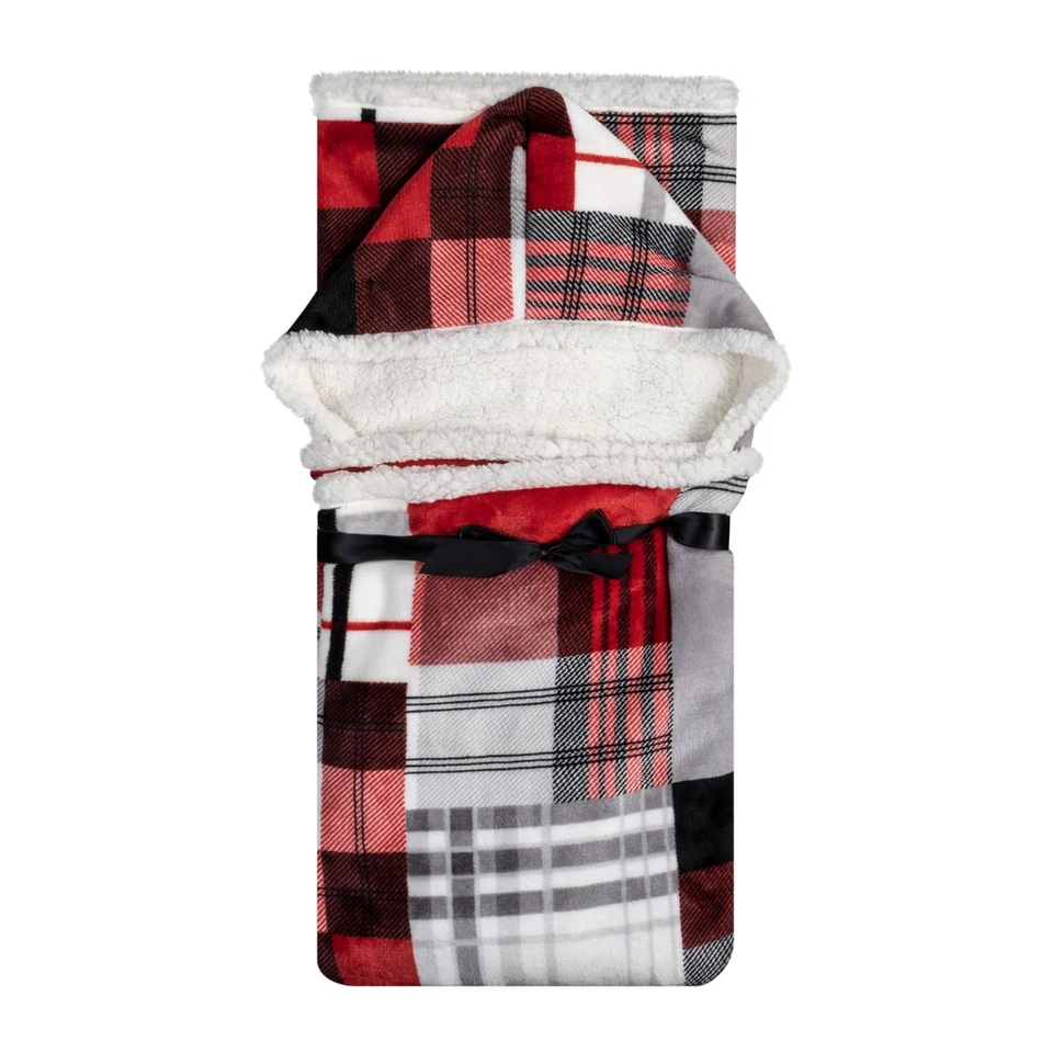 Hooded throw wearable blanket red and white squares - Image 3 of 4