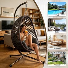 Hanging Egg Chair, Foldable Rattan In / Outdoor Swing Chair with Stand & Cushion