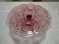 Vintage Imperial Pink Glass Pedestal Cake Stand Fashion Pattern 13" wide  1970's