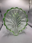 VINTAGE ART DECO URANIUM GLASS GREEN LEAF SHELL DISH 1930'S SCALLOPED RIM