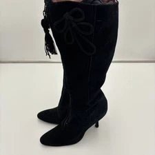 J. Vincent Knee High Boots Black Suede Leather Tassel Tie Heels Womens 8.5