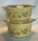 Vtg Set Of 2 PYREX Shenandoah Casserole Dishes & Lids Yellow Green #473-B 472-B