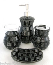 NEW 4 PC SET BLACK+GLITTER MOASIC SOAP DISPENSER+DISH+TOOTHBRUSH HOLDER+TUMBLER