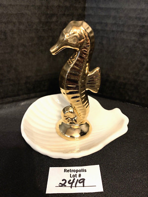 Gold Seahorse White Clam Shell Ceramic Trinket Jewelry Dish