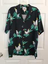 VINTAGE Men Size XL Paradise Found Hawaiian Leaves Cockatoo Button front Shirt