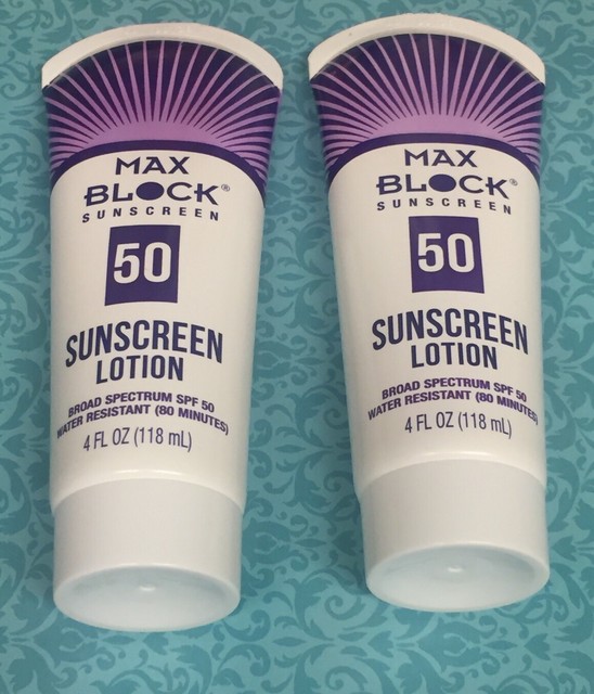 Max Block 50 SPF Sunscreen Sunblock Lotion 4 oz Water Resistance Purple