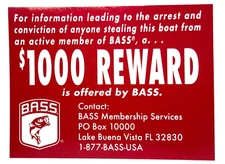 BASS B.A.S.S. Member  $1000 Reward Sticker/Decal - 3.5 x 2.75 Lake Buena Florida