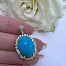 Oval Cut 18*13 mm Genuine Turquoise & 0.56 Ct Diamond Pendant in 14K Yellow Gold