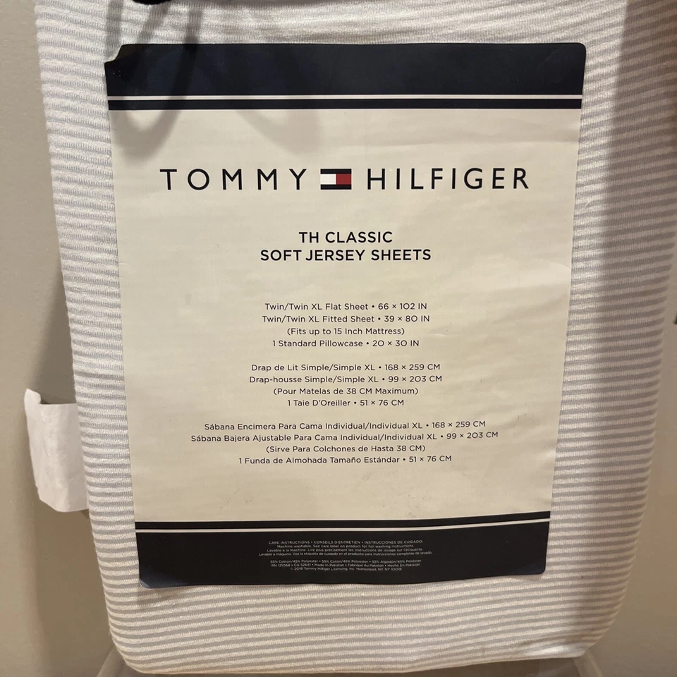 TOMMY HILFIGER 3-PC X-LONG TWIN Sheet Set Striped Gray Soft Jersey 100% Cotton - Image 2 of 3