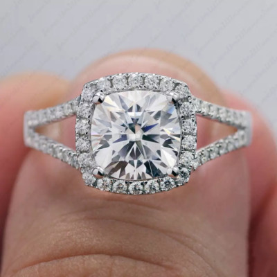 1.74Ctw Cushion Moissanite Split Shank Engagement Ring in 14K White Gold Plated