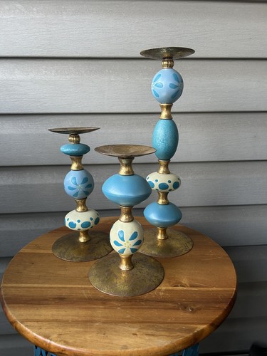 Blue Flowers Wood Hand Painted Gold Tone Metal Pillar Candle Holders 3 Boho