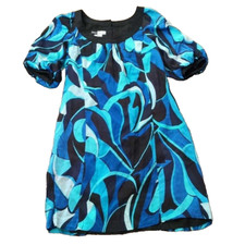 Simply Chloe Dao Silk Dress Sz Medium Babydoll Minidress Puffed Sleeve Artsy Blu