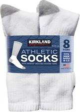Men's Kirkland Signature Athletic Crew Socks 8-pair, White Ft Size 8-12 USA Made