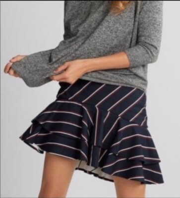 NWT EXPRESS Tiered Asymmetrical Ruffle Navy Blue Red White Striped Skirt  Size 10