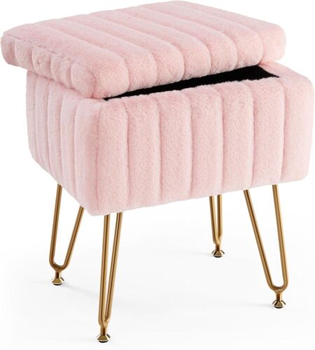 Vanity Stool Chair Storage Ottoman Faux Fur Soft Padded Makeup Footstools Seat - Picture 17 of 18