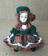 Porcelain Doll Jointed 4" Plaid Dress Green Red C9-369