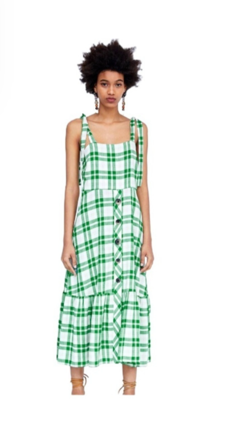ZARA【NEW】GINGHAM CHECK MIDI DRESS Zara Green Checkered Checked Button Down Ruffle Picnic Midi