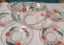 Service à Dessert Ancien à Fruits Crème en verre Décor Peint Floral