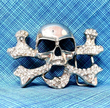 Skull Crossbones Belt Buckle Open Work Rhinestones Biker Halloween Vtg .PCB018