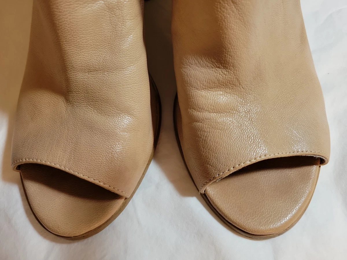 Tan leather peep shop toe booties