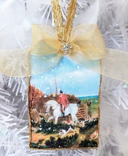 Victorian Decoupage Glass Glitter Horse Dogs Fox Hunting Christmas Tree Ornament