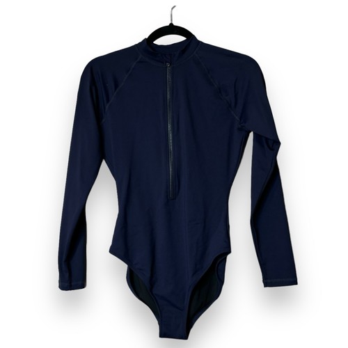J Crew Sz 6 Rashguard One Piece Zip Long Sleeve Swimsuit Navy Nautical