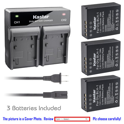 Kastar Battery Dual Rapid Charger for Genuine BLH-1 Olympus OM-D E-M1 Mark II