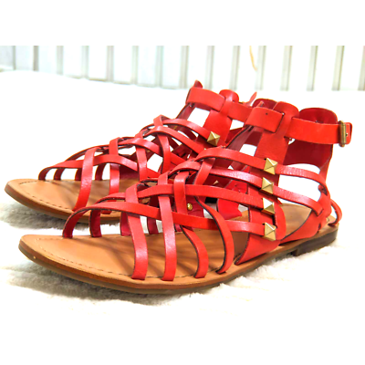 Marc Fisher Gladiator Flat Leather Studded Sandals Ankle Strap Red Sze 9M  NEW