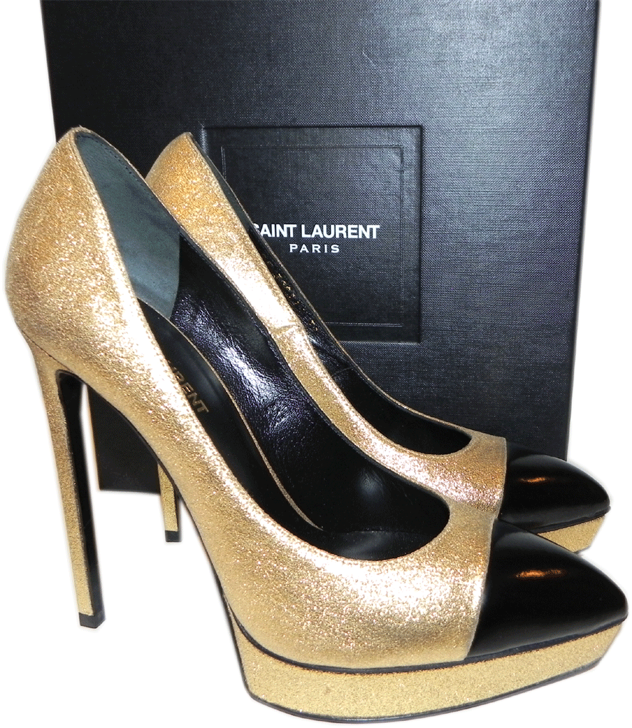 【SAINT LAURENT】PUMPS Saint Laurent Pumps Gold Cap Pointy Toe Platform Janis Shoes
