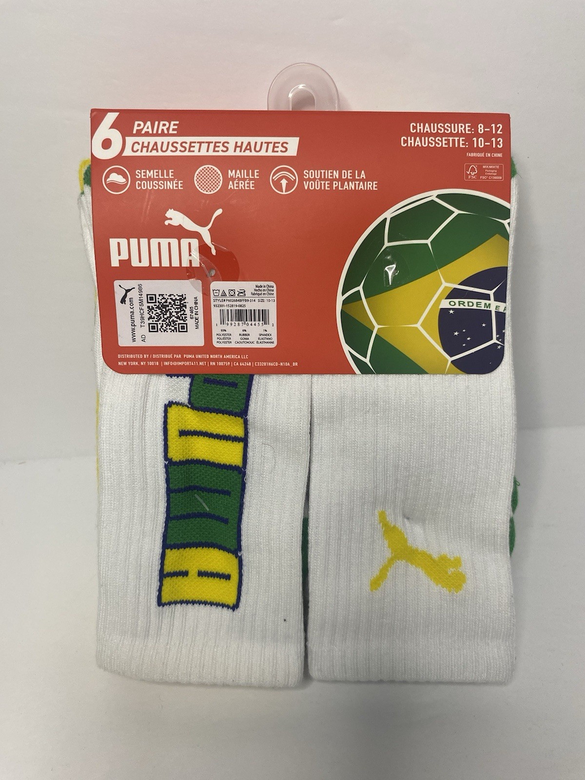 6 Pair PUMA Men's Crew Socks Brasil Soccer (Brazil) Shoe Size 8-12 NWT thumbnail 2