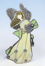 Stained Glass Garden Angel Tealight Candle Holder 9.5" Tall White Gold Green