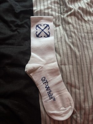 Off-White Men's Cotton Crew Socks White/Blue Logo Mid Calf Size 10-12 1 Pair