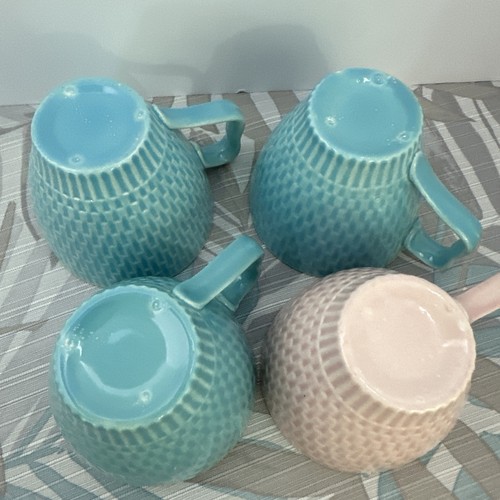 Red Wing Pottery Driftwood 1950s 3 Blue & 1 Pink Basket Weave Cup Set Of 4 - Picture 5 of 9