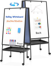 Mobile Double-Sided Whiteboard on Wheels 36"x24", Height Adjustable Easel