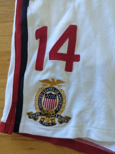Vintage Polo Ralph Lauren White Sweat Shorts USA Flag Crest Big Pony Sz M - M49 - Picture 2 of 9