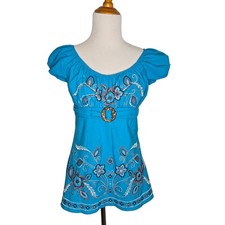 Vintage Y2K Floral Embroidered Peasant Blouse Blue Puff Fairy Women Medium