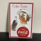 VINTAGE COKE TIME COCACOLA SODA LADY GASOLINE MOTOR OIL PORCELAIN SIGN