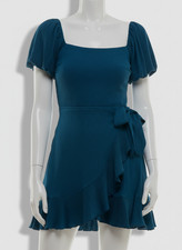 Trixxi Women's Juniors Blue Short-Puff-Sleeve Side-Tie Fit & Flare Dress Sz S