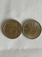 netherlands two 25 cent coins 1948, 1964 juliana wilhelmina