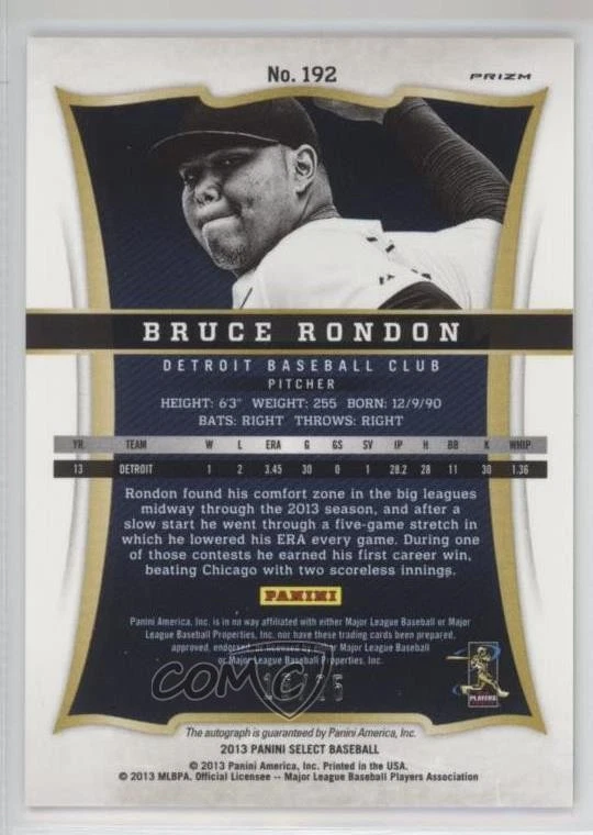 2013 Panini Select Rookie Auto Gold Prizm /25 Bruce Rondon #192 Rookie RC - Image 2 of 2